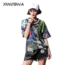 Летние Для женщин высокое уличный стиль свободные O шеи короткий рукав Разделение камуфляжная футболка Топы женские Повседневное сердце рубашки с принтом