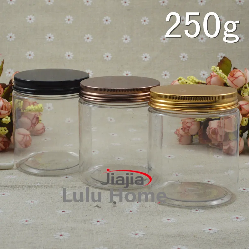 30pc/lot 250ml Clear Plastic Cosmetic Jar Serum Bottle Gold Brown Black Plating Aluminum Cover 250g Cream Container