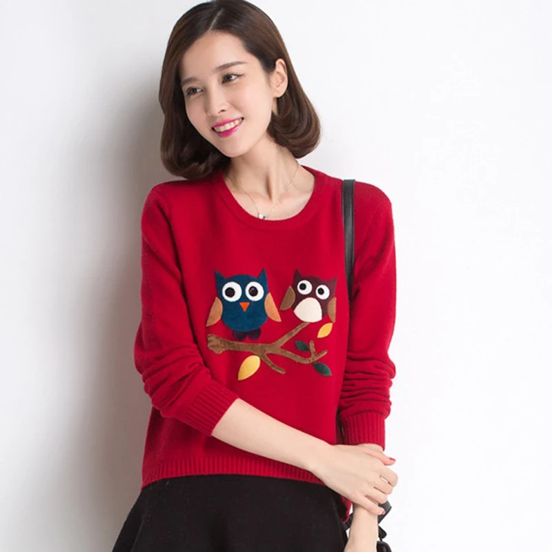 Весна Осень корейский женский вязаный пуловер свитер женский милый мультфильм сова пуловеры свитера femme tricot pull - Цвет: Красный