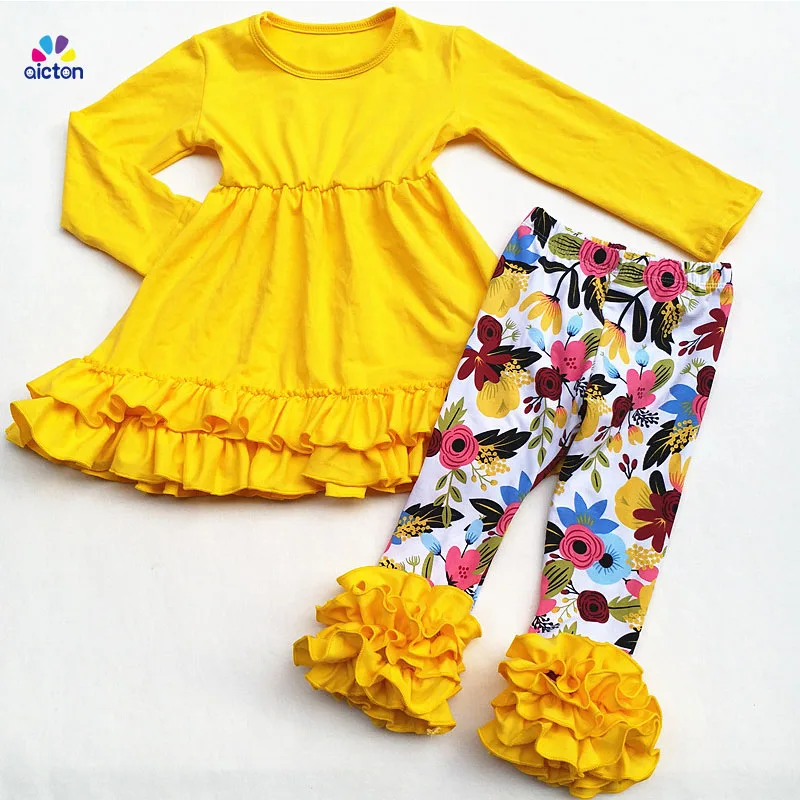 AICTON/ ; Детские комплекты одежды; наряды со штанами с оборками; комплект изысканной одежды для девочек; желтый однотонный топ; штаны с цветочным принтом - Цвет: type 2