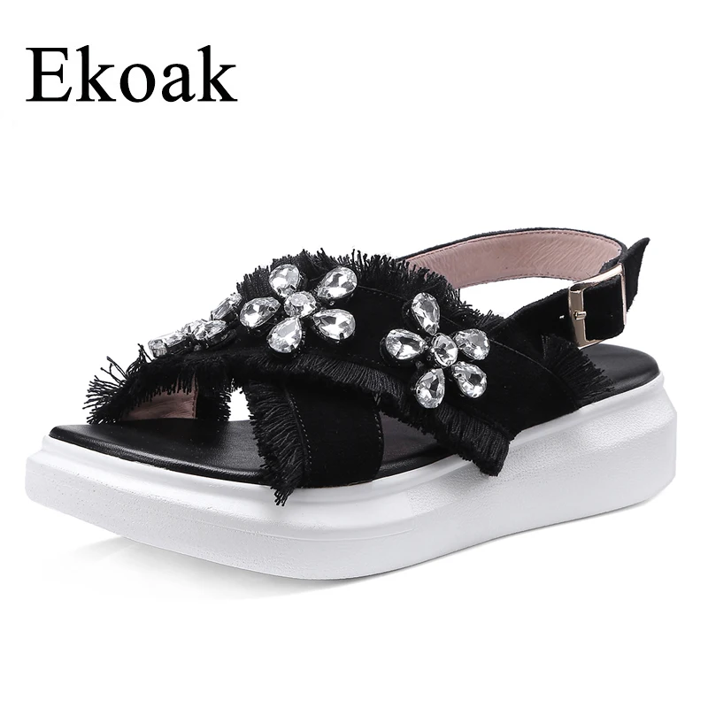 

Ekoak 2018 Genuine Leather Platform Women Sandals Fashion Sheepskin Women Gladiator Sandals Summer Crystal Party Shoes Woman