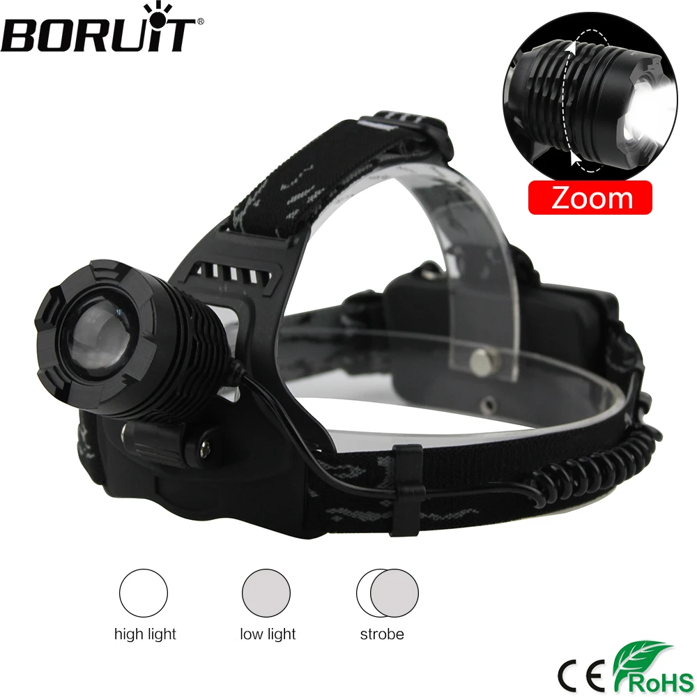 

BORUiT K12 XML T6 LED Headlamp 3-Mode Zoom Headlight IPX4 Waterproof Head Torch Camping Fishing Flashlight by 18650 Battery