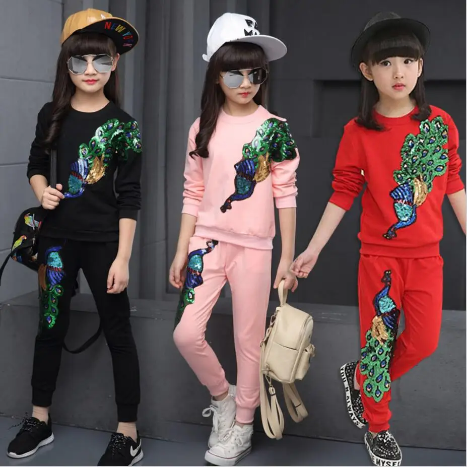 

Spring Autumn Girls Tracksuit peacock Sequined Long Sleeve Sweatshirt + Pants Kids 2 Pieces Girls Sport Suit Kids Teens Clothes
