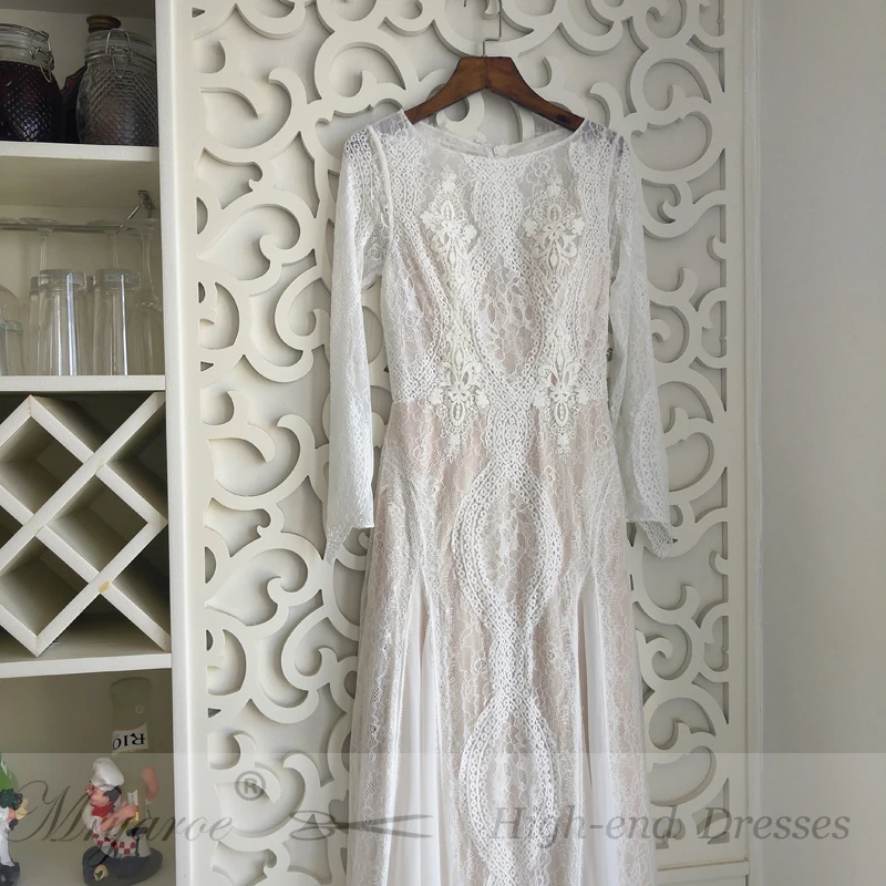 Lace Chiffon Bohemian Wedding Dresses French Lace Long Sleeve Boho Chic Dress Open Back Bridal Gowns vestido de noiva 2017 (2)
