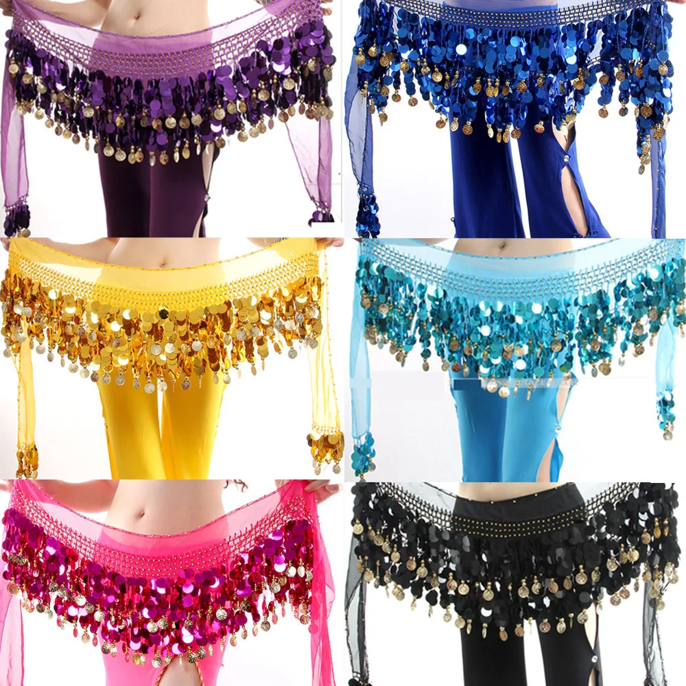 

Newest Multi Color Chiffon Belly Dance Hip Wrap Scarf Coin Sequin Waistband Skirt