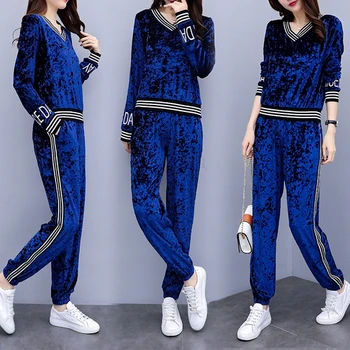 

Casual Tracksuit Women Two Piece Set Fashion Velvet Conjunto Feminino Year-old Female Costume Ensemble Femme Deux Pieces