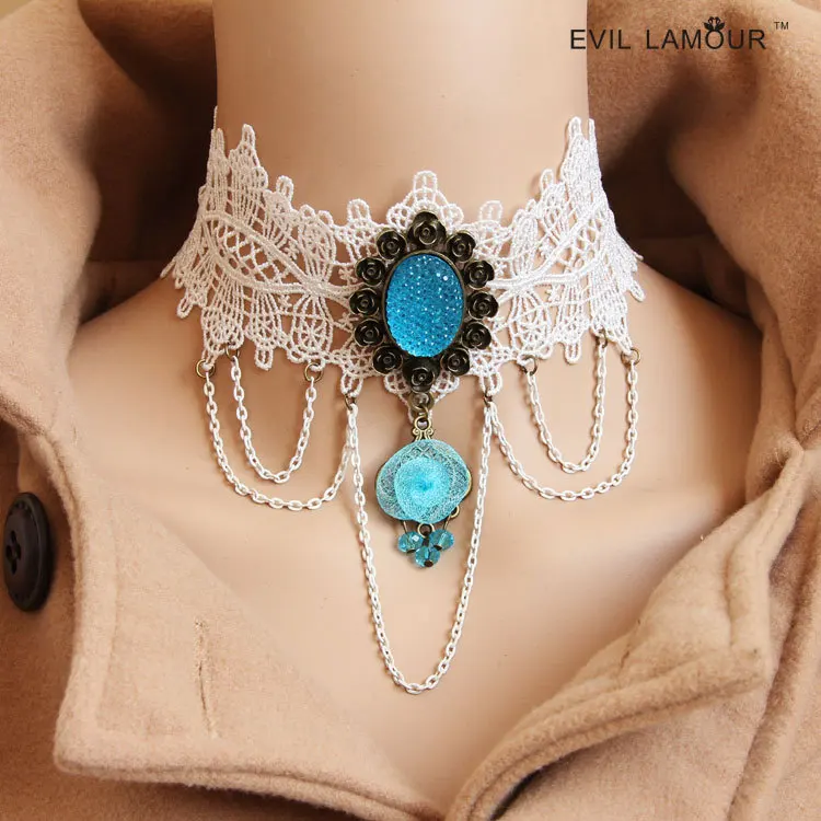 

Bohemia Lake Blue Chain Choker Necklace Collar Women Jewelry Accessories Fashion White Lace Wedding Necklaces 2015 Brand JL-229