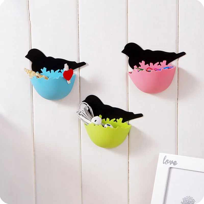 

Creative Colorful Bird Nest Mini Storage Box Jewelry Key Debris Storage Rack Wall Sticker Kitchen Bathroom Hanger Sundries Boxes