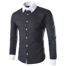 2016 New Mens Dress Shirts Solid Black Light Blue Fashion Men’s Cuff Stitching Turn-down Collar Long Sleeve Casual Men ShirtCS16