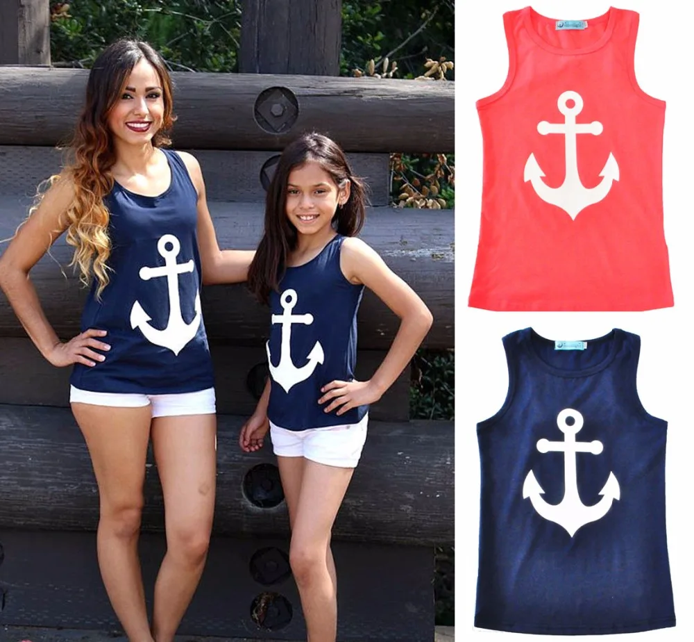 Одежда для мамы и дочки летние Морской Сейлор COS якорь мама для девочек футболка без рукавов модные одинаковые наряды для семьи с бантом sa1301