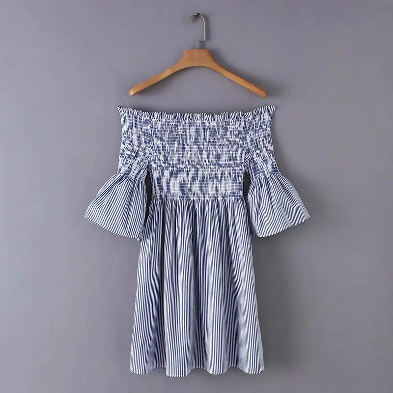 

new summer women sweet slash neck elastic stripe mini dress femme butterfly sleeve ruffles vestidos casual slim dresses DS2082