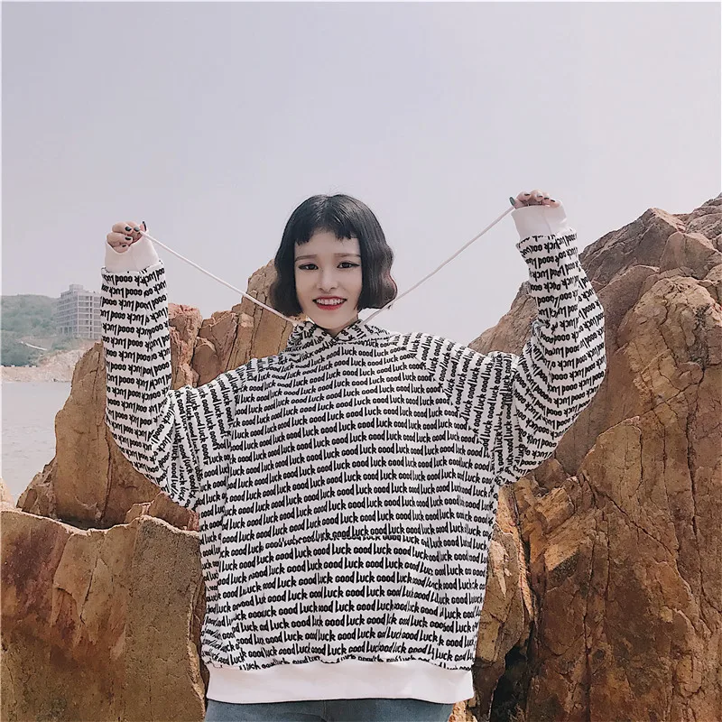 Hooded letters printed BF sweatshirt women South Korea ulzzang Harajuku wind loose students long sleeve coat autumn | Женская одежда