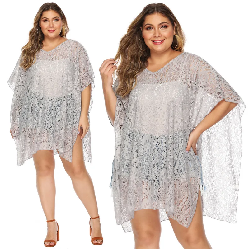 

Saida De Praia Summer Beach Kaftan Swimsuit Cover Up Womens Pareo Swimwear Large Size Women Loose Irregular Lace Perspective