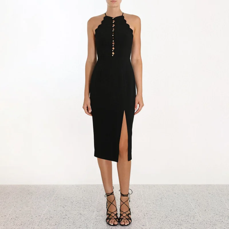 

2019 Women's Black and white Sling Shell Edge Shape Sleeveless Gold Button Slim Fit Dress