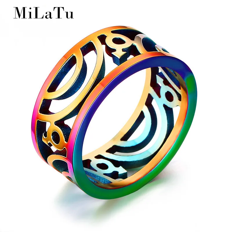 MiLaTu Hollow Rainbow Jewelry Men Gay Pride Ring Stainless Steel Male