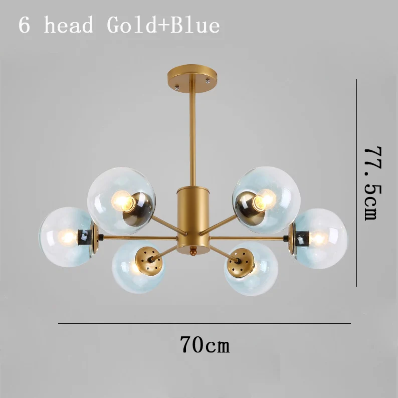 Современная люстра в скандинавском стиле, светодиодная лампа в стиле арт-деко, черная, золотая, белая, Потолочная, подвесная люстра, лампа для кухни, гостиной, лофт, спальни - Цвет абажура: 6 head Gold-Blue