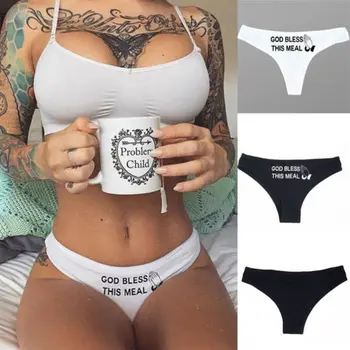 

Women God Bless This Meal Letter Print Lingerie Briefs Thongs Underwear Underpants Cotton Panties Knickers