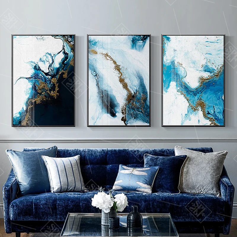 Watercolor Splash Blue Gold Canvas Painting Abstract Posters and Prints Home Decoration Wall Art Picture for Nursery Baby Room