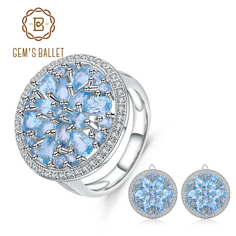 

GEM'S BALLET Hot 11.05ct Natural Blue Topaz Gemstone Jewelry Sets Pure 925 Sterling Silver Gorgeous Earrings Ring Set For Women