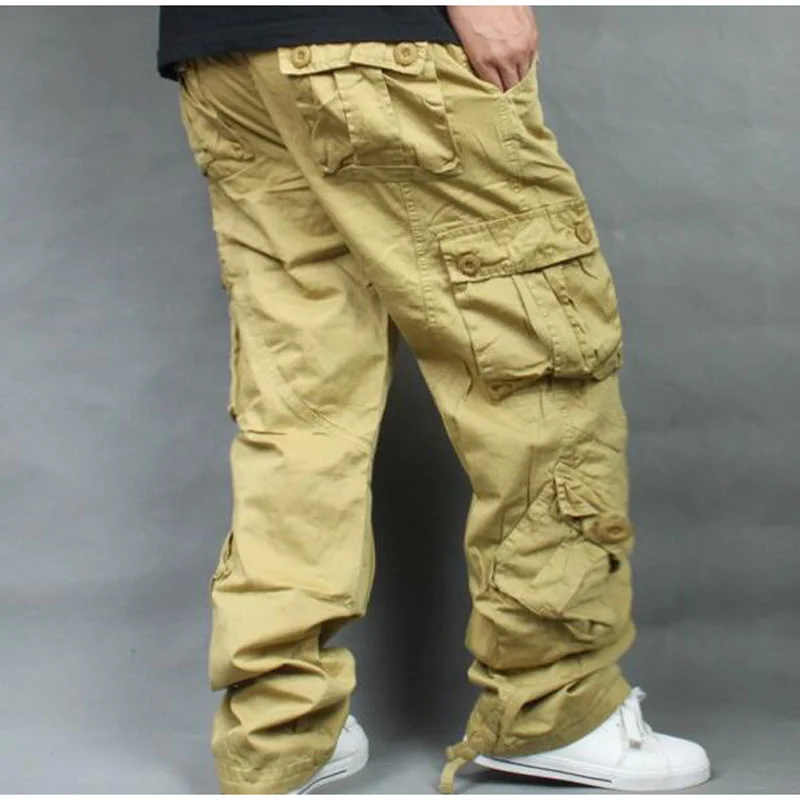 Свободные брюки-карго размера плюс 46, мужские комбинезоны в стиле хип-хоп, хлопковые брюки в стиле хип-хоп, мужские Мешковатые повседневные штаны, мужские камуфляжные штаны - Color: Khaki