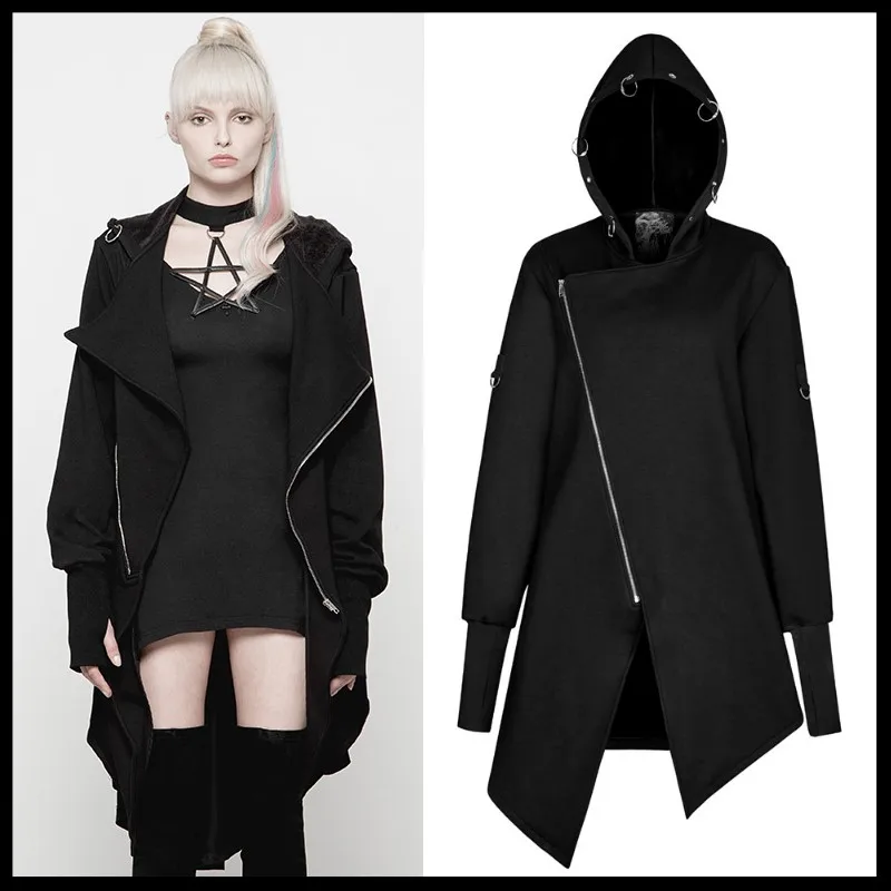 Женское панк таинственное пальто с неровным подолом, модный готический женский черный плащ с капюшоном, уличная одежда, Панк кардиган
