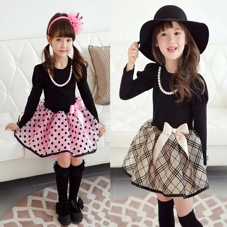 

2016 new arrival Christmas Baby Girls Princess long sleeve Polka Dot Plaid Party Fancy Dress girl's clothes