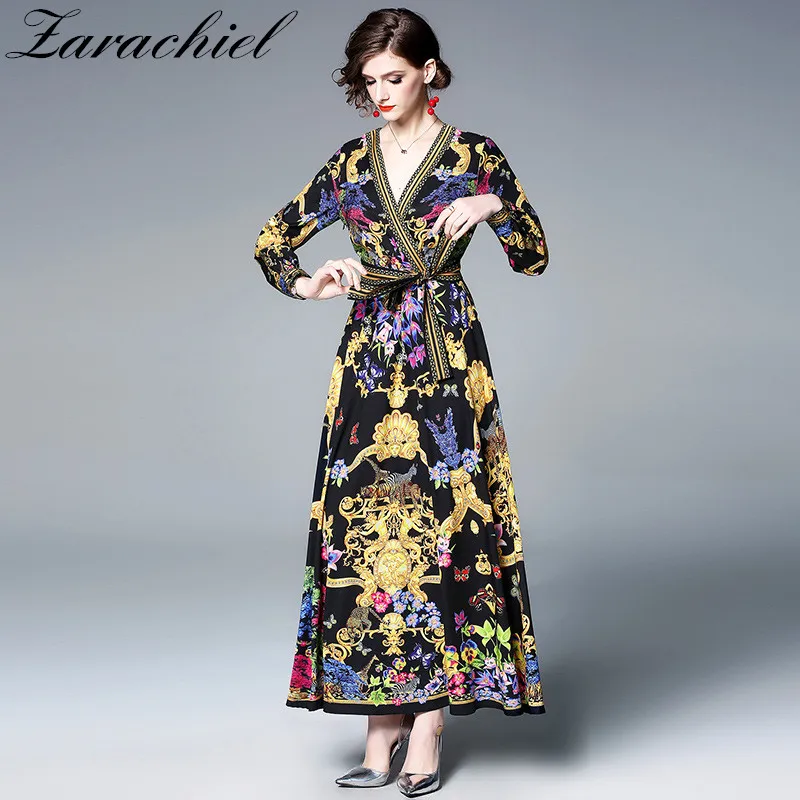 

2019 Spring V-Neck Maxi Dress Women's Long Sleeve Retro Luxurious Flower Printed High Waist Belt Bow Beach Party Long Dress