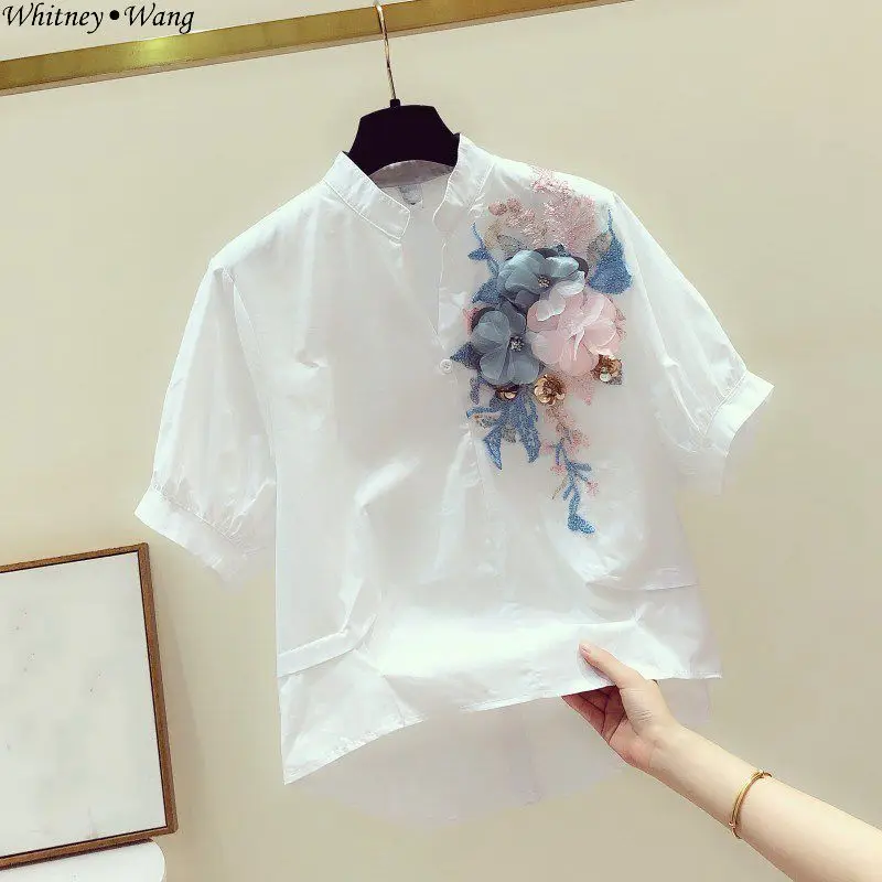 

WHITNEY WANG Blouses Woman 2019 Summer Fashion Streetwear 3D Florals Embroidery Blouse Women Blusas Shirt Tops