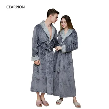 

CEARPION Autumn Winter Flannel Sleepwear Solid Color Thick Kimono Bathrobe Gown For Women Men Long Sleeve Casual Nightgown