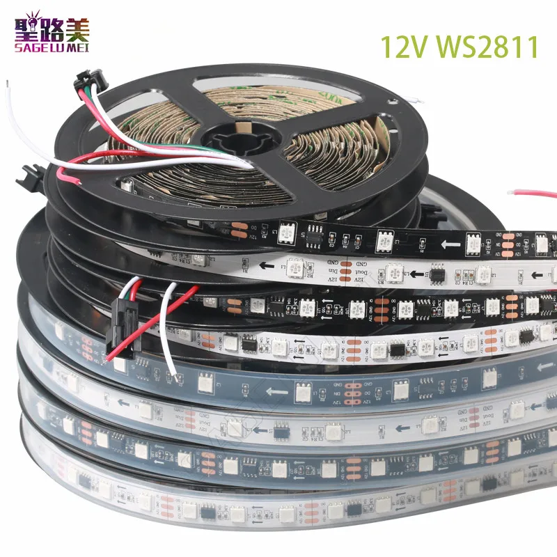 Светодиодная лента 5 м рулонов DC12V WS2811 led Пиксели программируемая Светодиодная лента 30/48/60 светодиодов/м, ws2811IC 5050 RGB SMD белый/черный PCB светодиодные полосы светильник