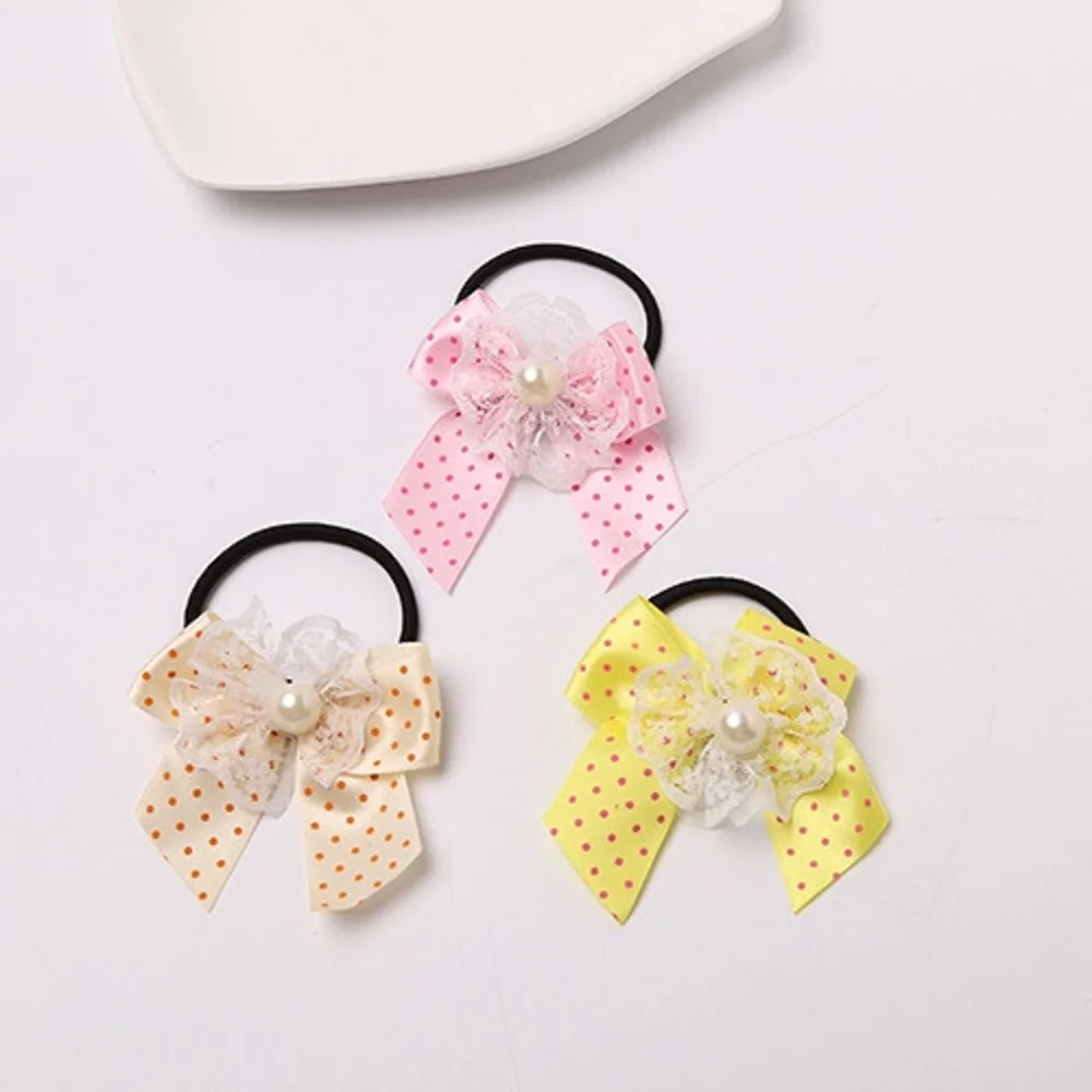 

Children Dot Lace Print Bow Hairpins Rubber Bands Girls Kids Pearl Hair Gum Headwear Ponytail Holder Hair Accessories