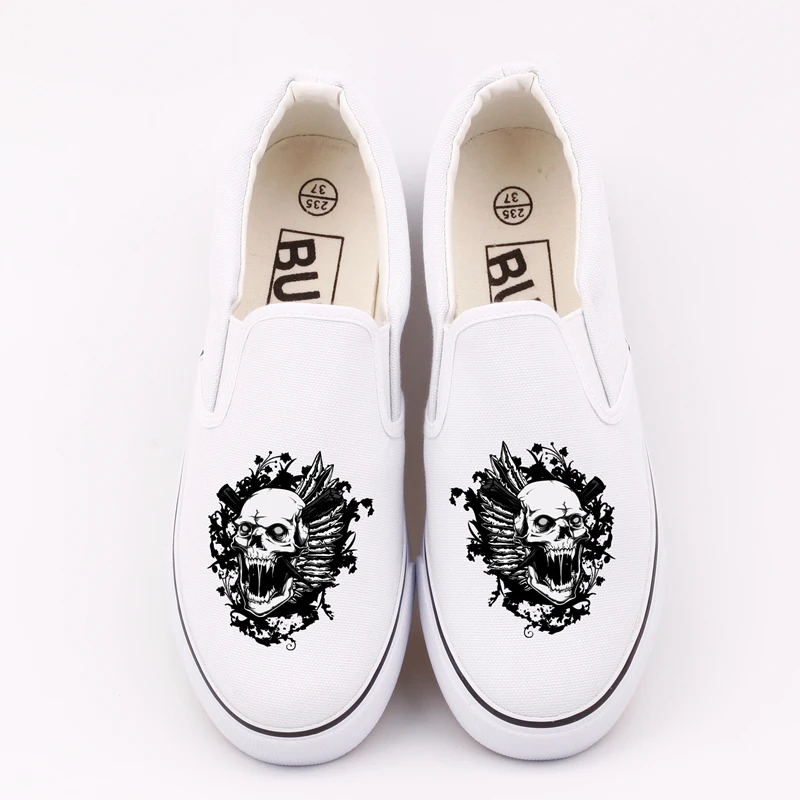 

E-LOV Fashion Skull Head Printed Women Vulcanized Canvas Shoes Slip On Low Top Loafers Custom Skeleton Punk Shoes Espadrilles