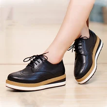 Новинка весны осень-зима Пояса из натуральной кожи толстый каблук на плоской платформе Для женщин S Туфли-оксфорды завязки Brogue резные женские обувь на плоской подошве