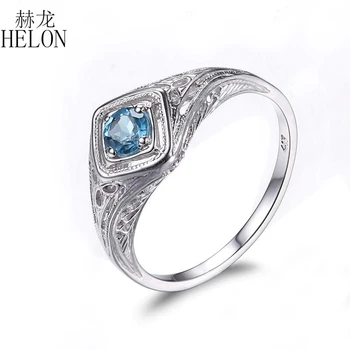

HELON Antique! Solid 10K White Gold Filigree Genuine Blue Topaz Solitaire Engagment Wedding Vintage Art Deco Fine Jewelry Ring