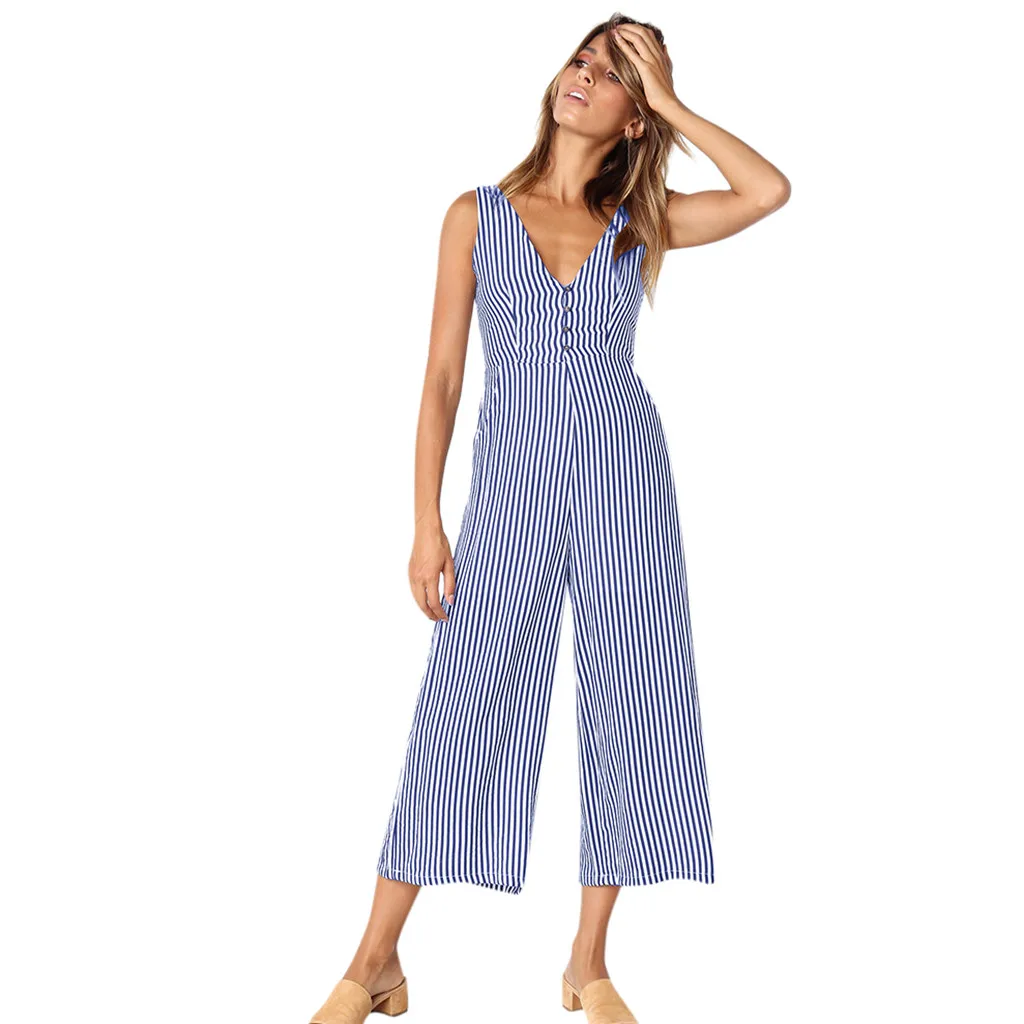 

Overalls for Women Striped Jumpsuit Holiday Wide Leg Playsuit Sleeveless Ladies Summer Beach Rompers Women
