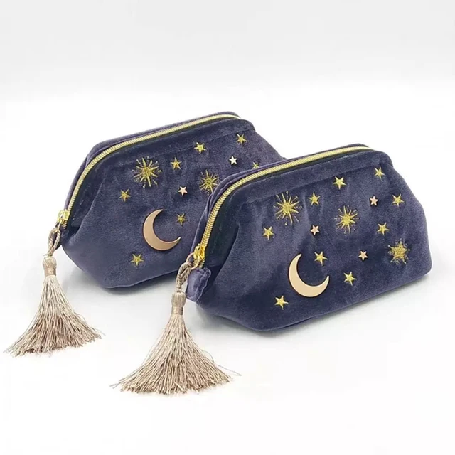 Best Offers Cute Velvet Embroidery Cosmetic Bag Travel Organizer Women Makeup Bag Zipper Make Up Pouch with Moon Star Tassel Deco  Best Offers Cute Velvet Embroidery Cosmetic Bag Travel Organizer Women Makeup Bag Zipper Make Up Pouch with Moon Star Tassel Deco