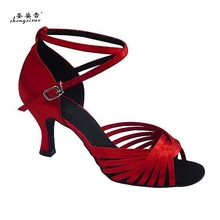 WUXIJIAO/Профессиональная Классическая атласная Женская обувь для латинских танцев; бальные туфли для сальсы; вечерние туфли на квадратном каблуке; мягкая подошва