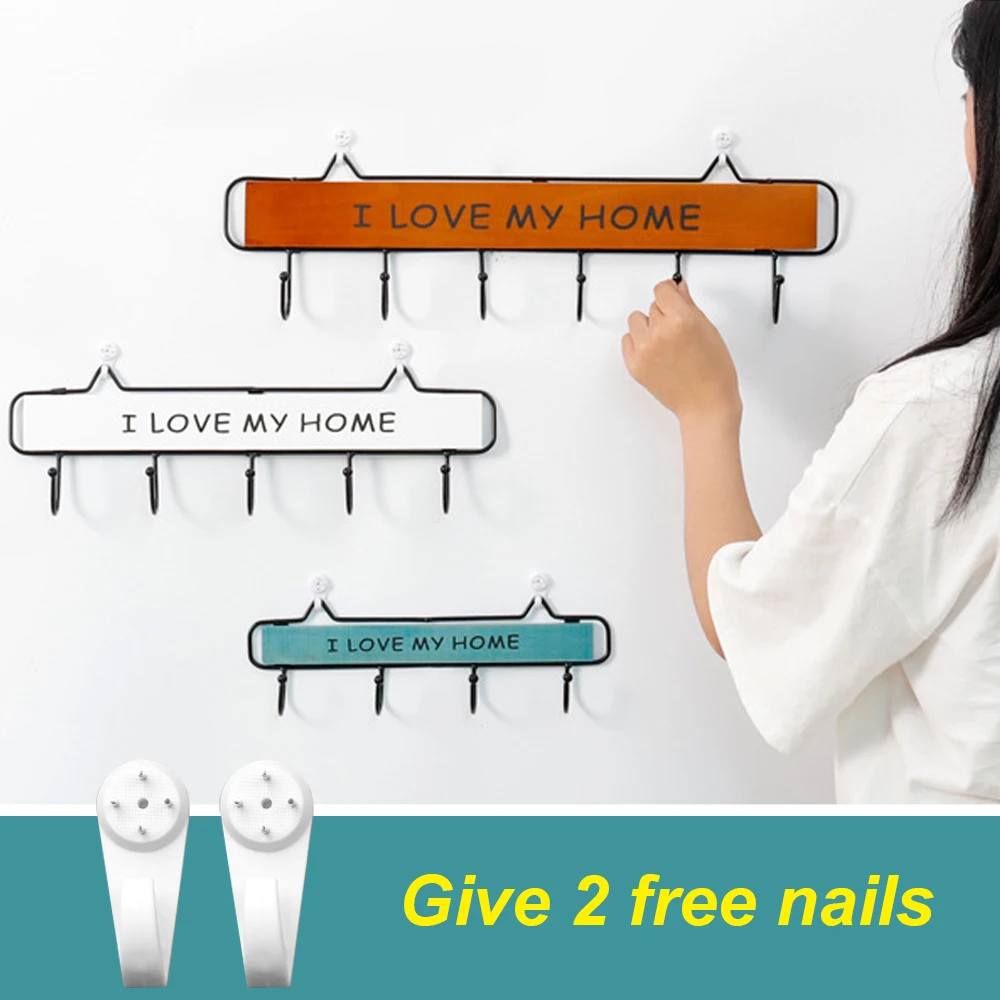 

4/5/6 Hooks Key Wooden Iron Coat Hook Rack Wall Mounted Hanging Storage Rack For Door Wall Bathroom Wooden Bag Clothes Hanger