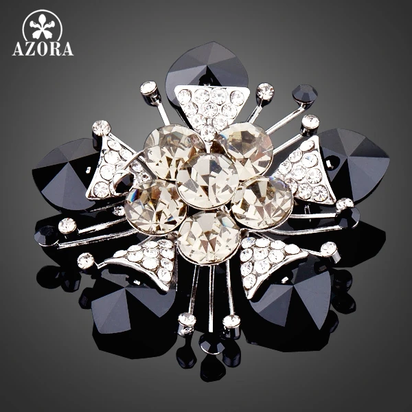 AZORA Elegant Flower White Gold Color Stellux Austrian Crystal Brooch TP0002