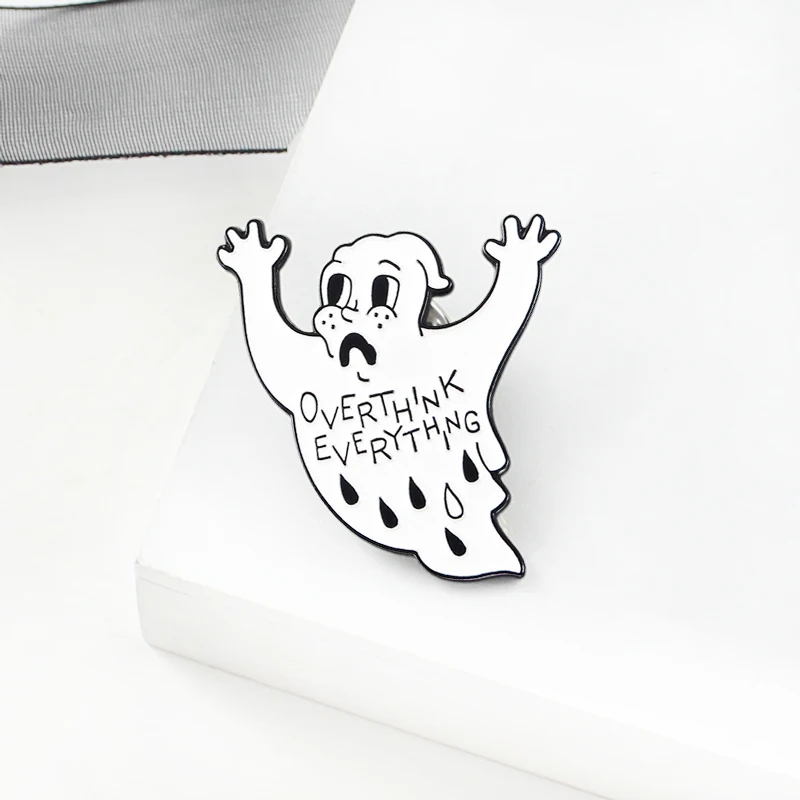 

OVER THINK EVERY THING White Ghost Enamel Pin Brooch Anxiety Thinking Sad Devil Brooch Badge Leather Coat Fashion Accessories