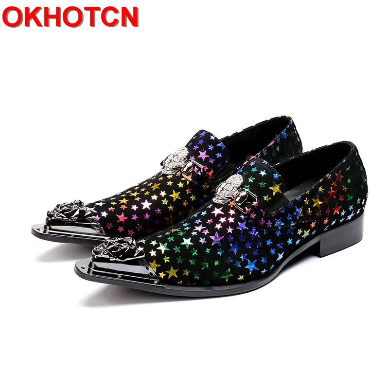 Colorful Stars Print Cow Leather Shoes Men Metal Skull Hoop Dress Shoes