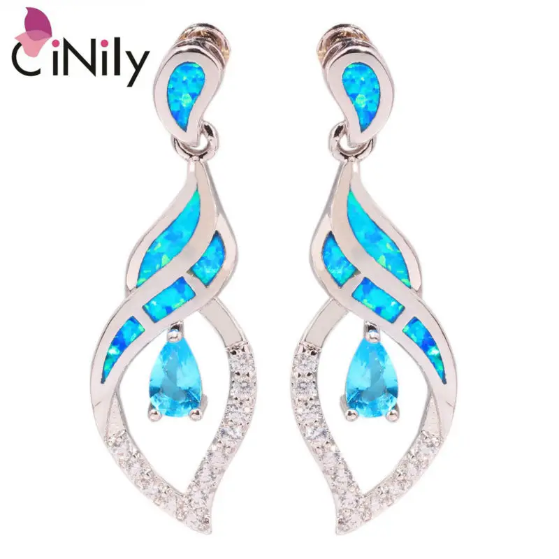 

CiNily Ocean Blue Fire Opal Long Stud Earrings With Stone Silver Plated CZ Crystal Water Teardrop Earring Vintage Jewelry Woman