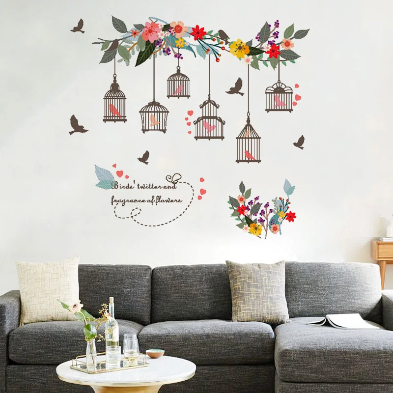 DIY 2019 New Flower Vine Bird Cage Wall Stickers Removable Art Decal Home Decor Mural Vinyl