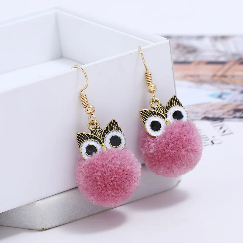 New 4 Colors Little Cute Hair Bulb Pompom cartoon Earrings fur ball Owl Earring