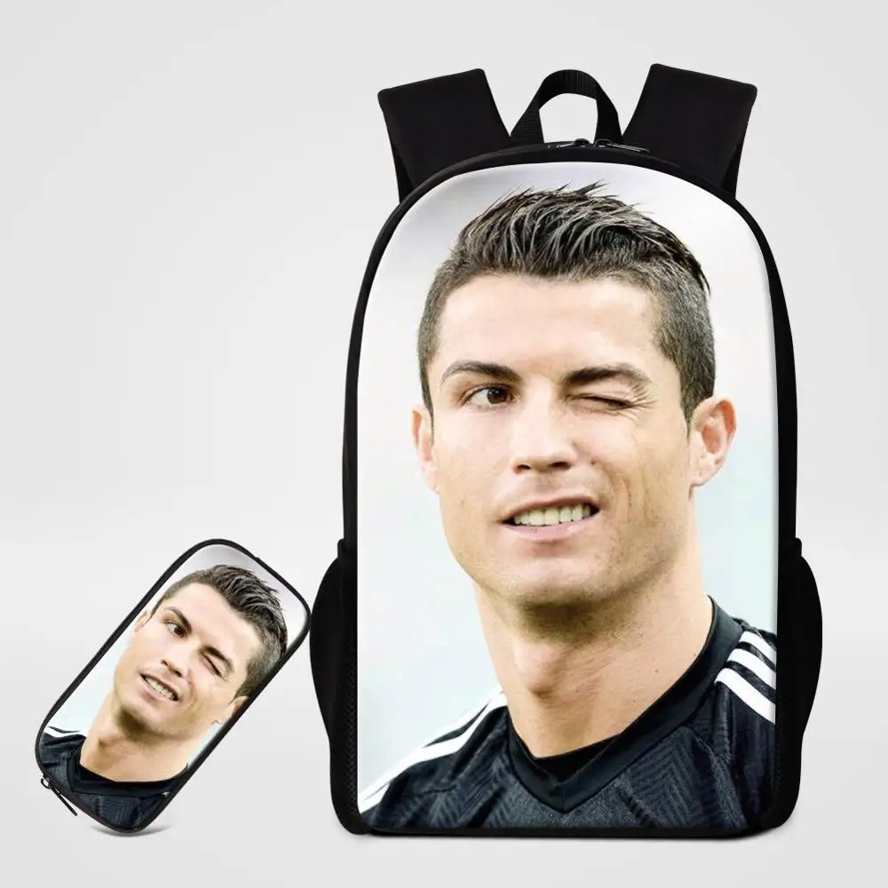 

2 PCS Bag Set Backpack Pen Box Cristiano Ronaldo Footballs Star Printing School Bag Boy Cool Bookbag Men Travel Shoulder Bagpack