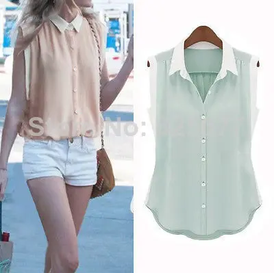 2014 New Women Girls Casual Button Down Sleeveless Chiffon Shirt Top Blouse Clothing Tee Tops Shirts Size M/L/XL/XXL TK17 |