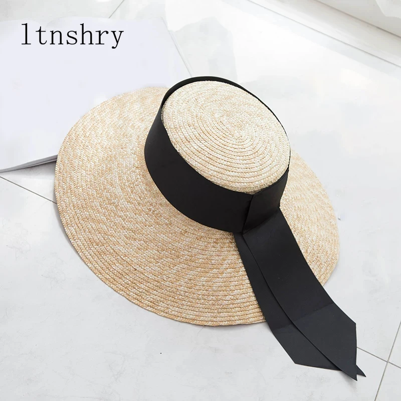 

2019 Fashion Summer sun Hat Women Wide side Black Ribbon Straw Caps Sun Visor Hats Beach Sunhats With 13cm wide Brim Lady Retro