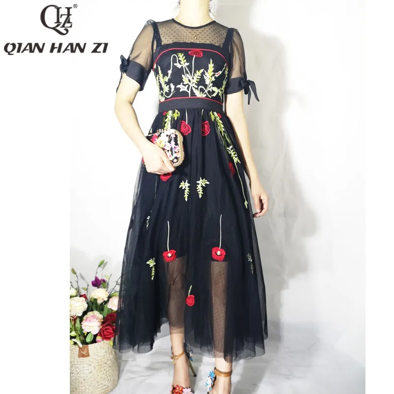 Женское модельное платье макси Qian Han Zi черное облегающее с коротким рукавом и