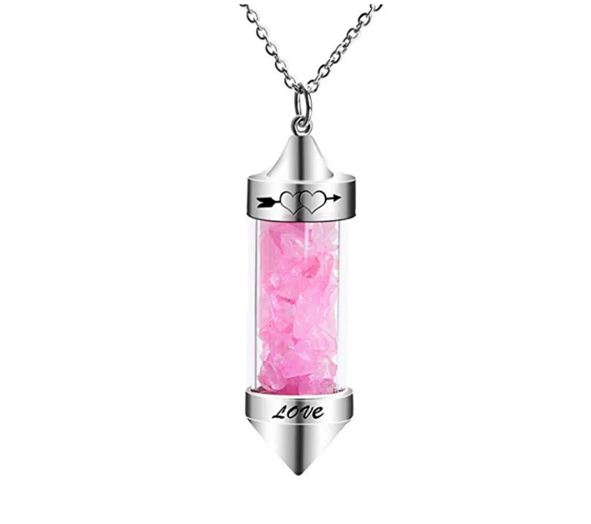 

FYJS Unique Female Anniversary Gift Silver Plated Wish Bottle Romantic Love Heart Pendant Natural Rose Pink Quartz Necklace