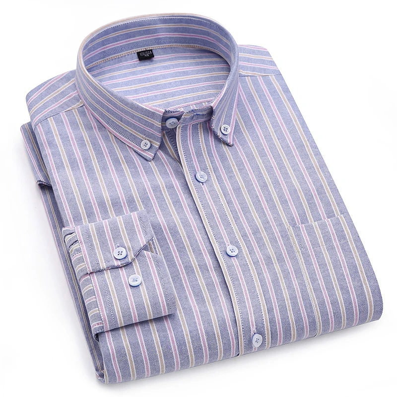 Men's Long Sleeve Oxford Cotton Button Down Striped Dress Shirts Patch